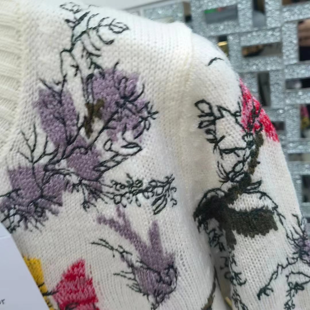 Dior Women CD Sweater Ecru Cashmere Knit Multicolor Dior Jardin Botanique Motif