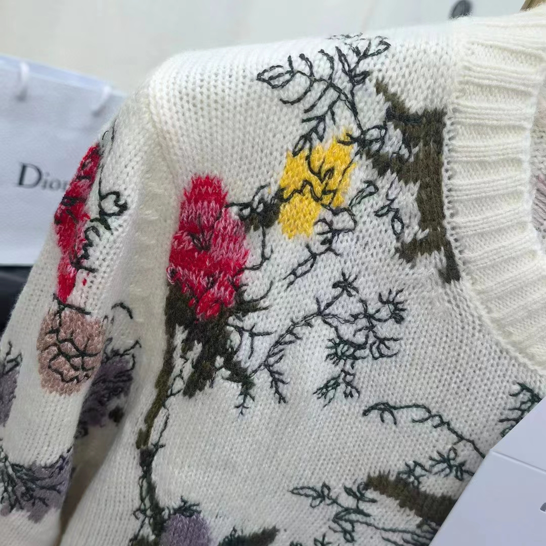 Dior Women CD Sweater Ecru Cashmere Knit Multicolor Dior Jardin Botanique Motif