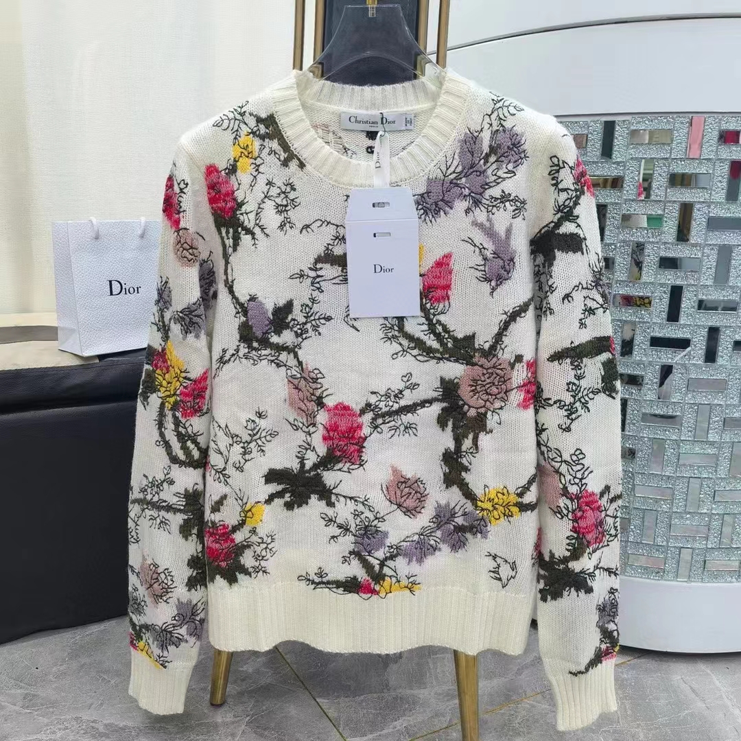 Dior Women CD Sweater Ecru Cashmere Knit Multicolor Dior Jardin Botanique Motif