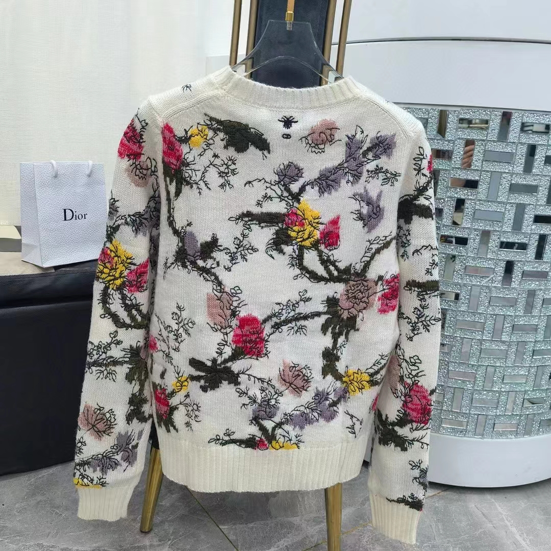 Dior Women CD Sweater Ecru Cashmere Knit Multicolor Dior Jardin Botanique Motif