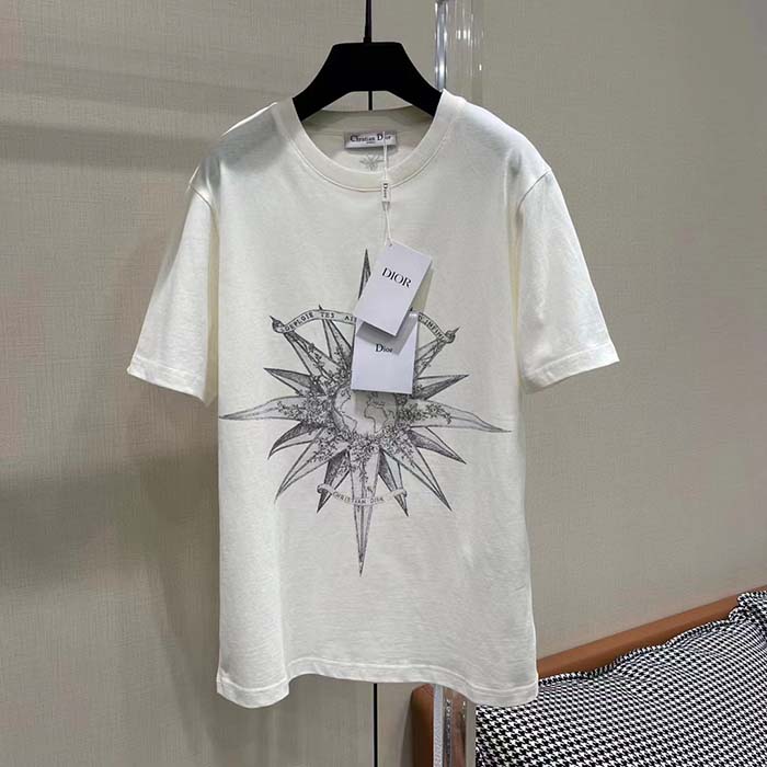 Dior Men CD T-Shirt Ecru Cotton Jersey Linen Blue Rêve D’Infini Motif