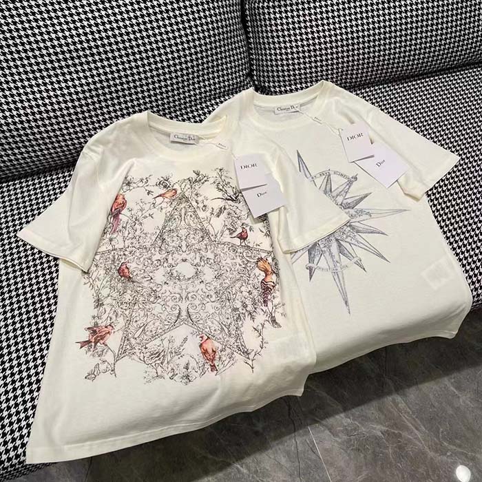 Dior Men CD T-Shirt Ecru Cotton Jersey Linen Blue Rêve D’Infini Motif