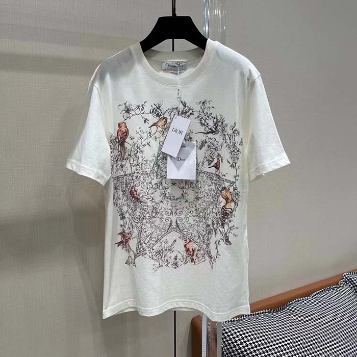 Dior Women CD T-Shirt Ecru Cotton Jersey Linen Dior Sevilla Star Motif