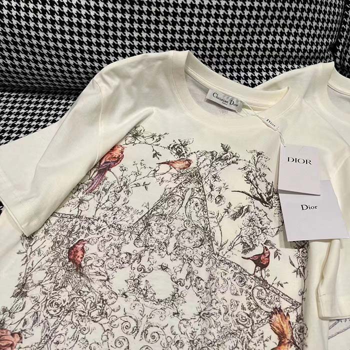 Dior Women CD T-Shirt Ecru Cotton Jersey Linen Dior Sevilla Star Motif