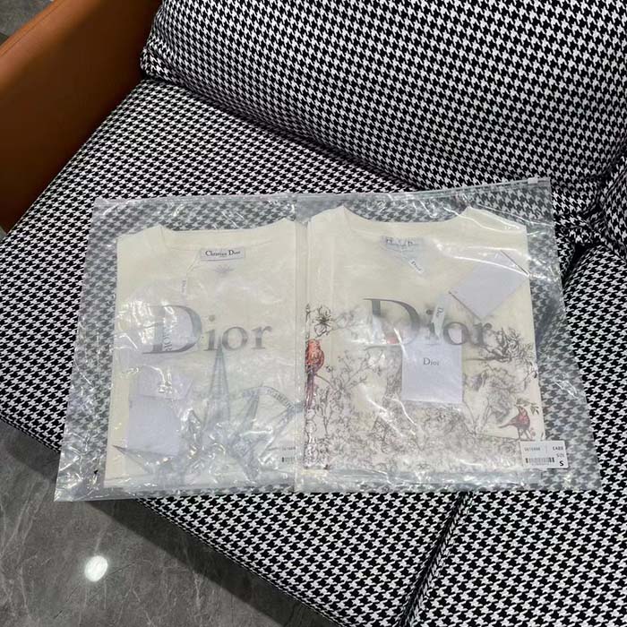 Dior Women CD T-Shirt Ecru Cotton Jersey Linen Dior Sevilla Star Motif
