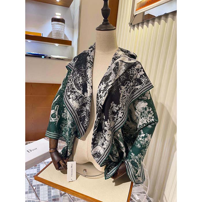 Dior Women CD Toile De Jouy Sauvage Square Scarf Navy Blue Ivory Silk Twill