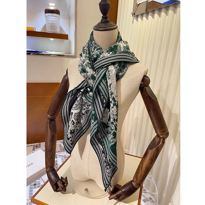 Dior Women CD Toile De Jouy Sauvage Square Scarf Navy Blue Ivory Silk Twill