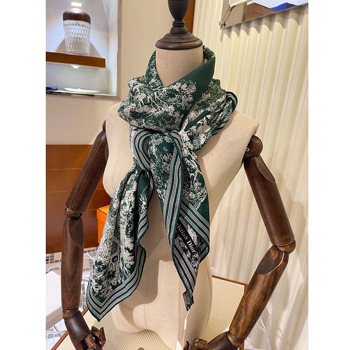 Dior Women CD Toile De Jouy Sauvage Square Scarf Navy Blue Ivory Silk Twill