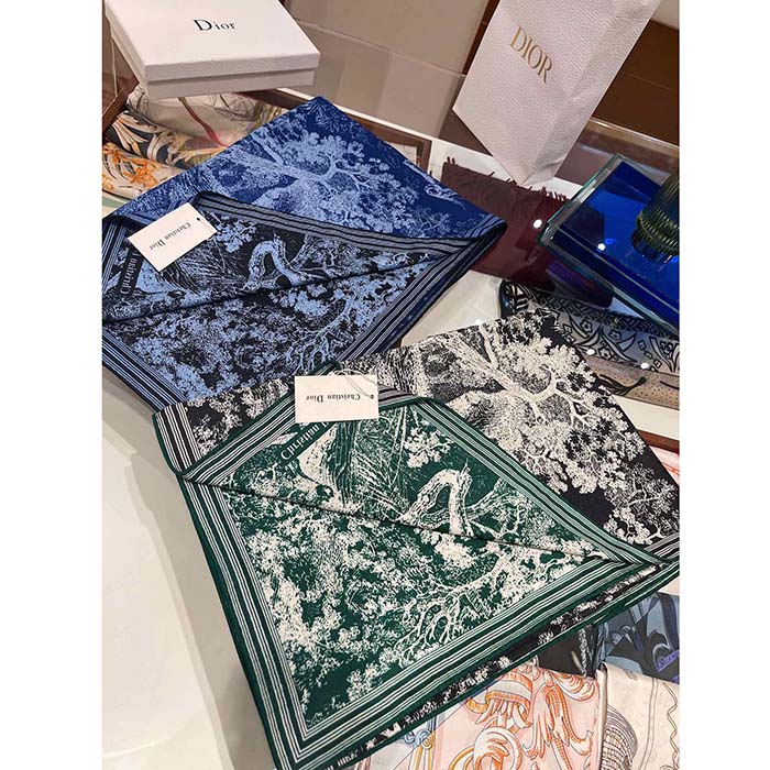 Dior Women CD Toile De Jouy Sauvage Square Scarf Navy Blue Ivory Silk Twill