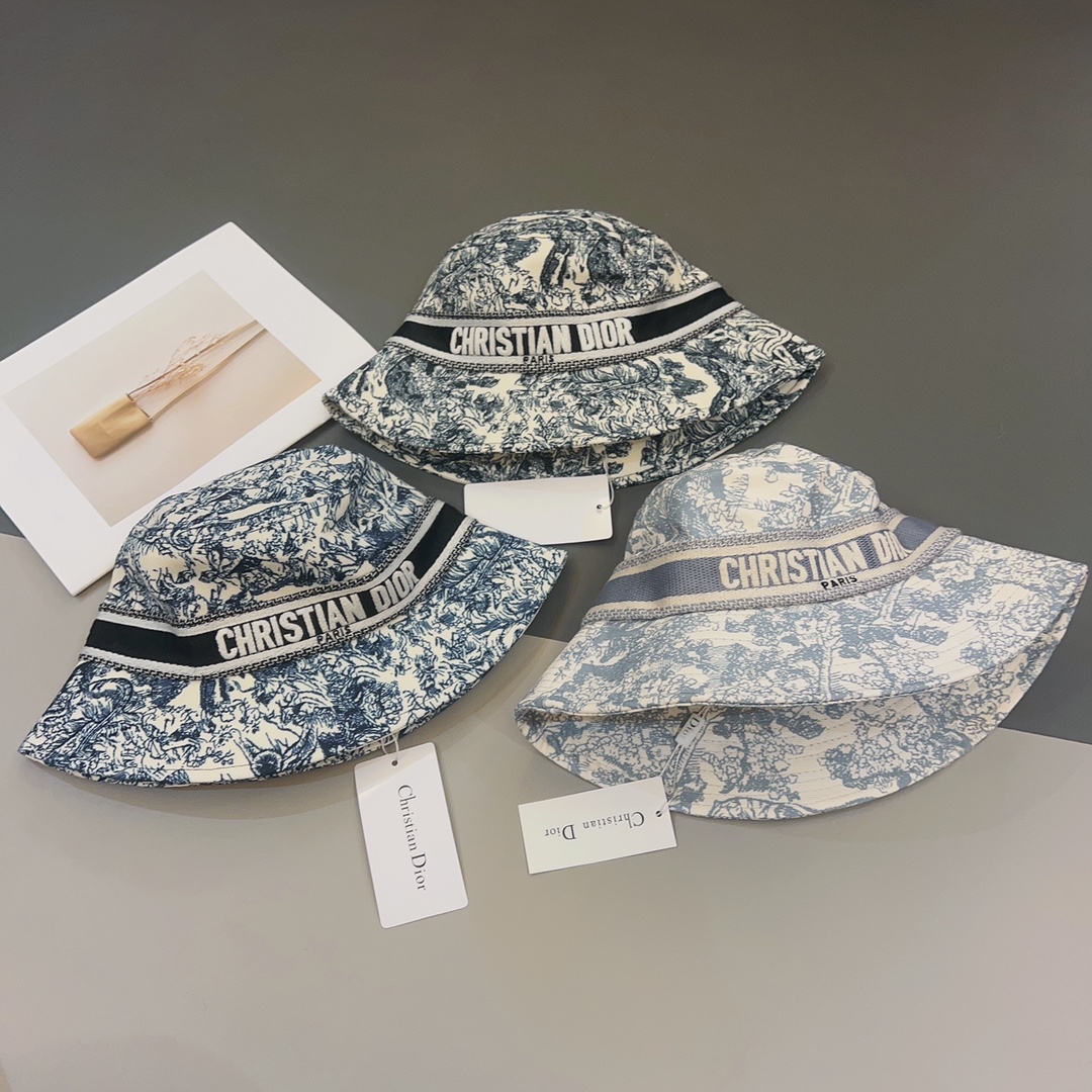 Dior Women CD Toile de Jouy Sauvage Small Brim Bucket Hat Vory Fluorescent Blue Technical Fabric