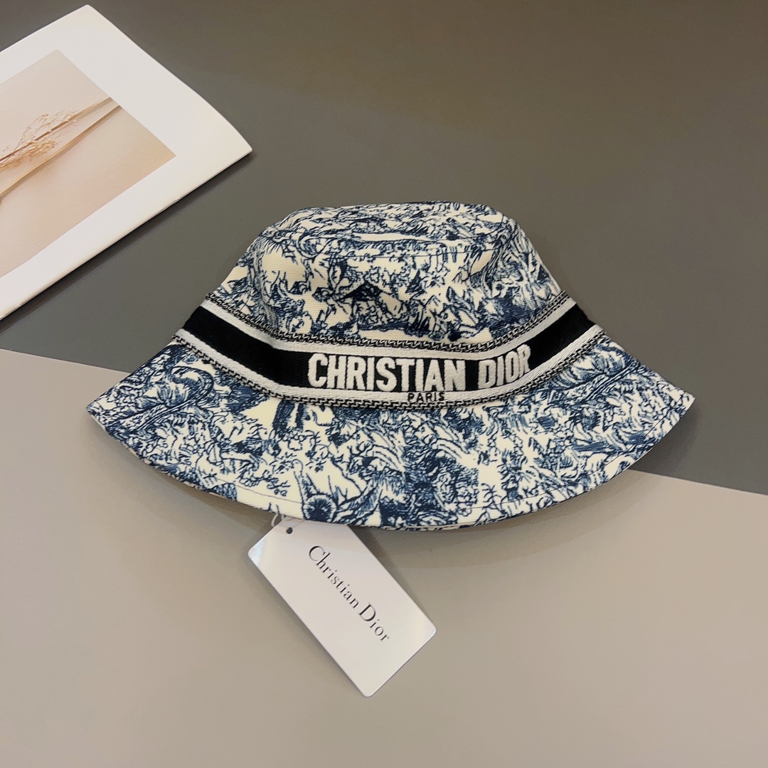 Dior Women CD Toile de Jouy Sauvage Small Brim Bucket Hat Vory Fluorescent Blue Technical Fabric