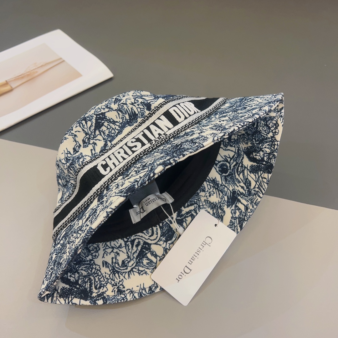 Dior Women CD Toile de Jouy Sauvage Small Brim Bucket Hat Vory Fluorescent Blue Technical Fabric