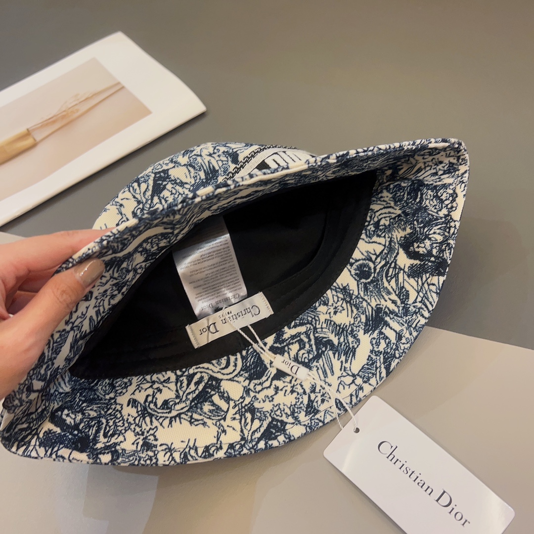 Dior Women CD Toile de Jouy Sauvage Small Brim Bucket Hat Vory Fluorescent Blue Technical Fabric