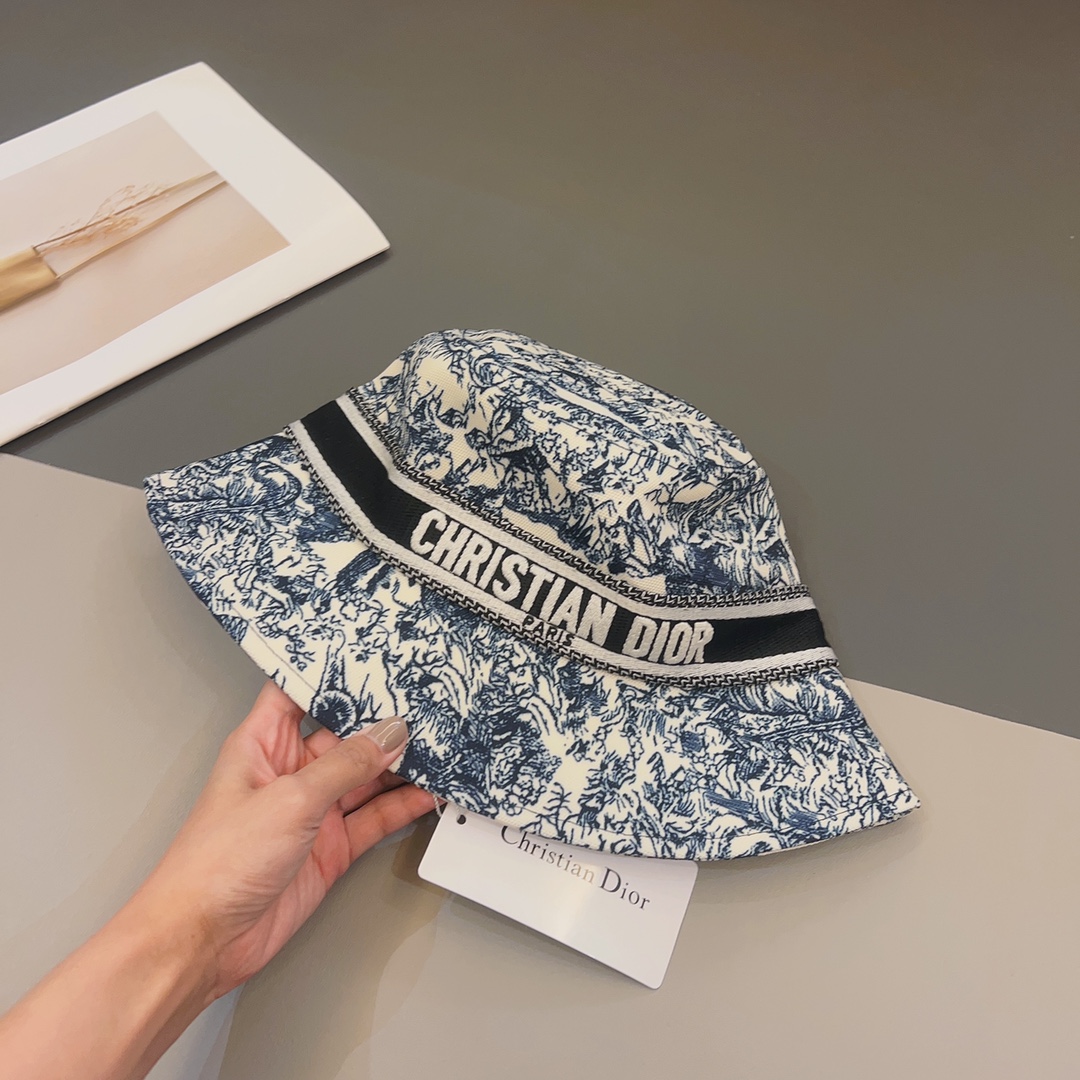 Dior Women CD Toile de Jouy Sauvage Small Brim Bucket Hat Vory Fluorescent Blue Technical Fabric