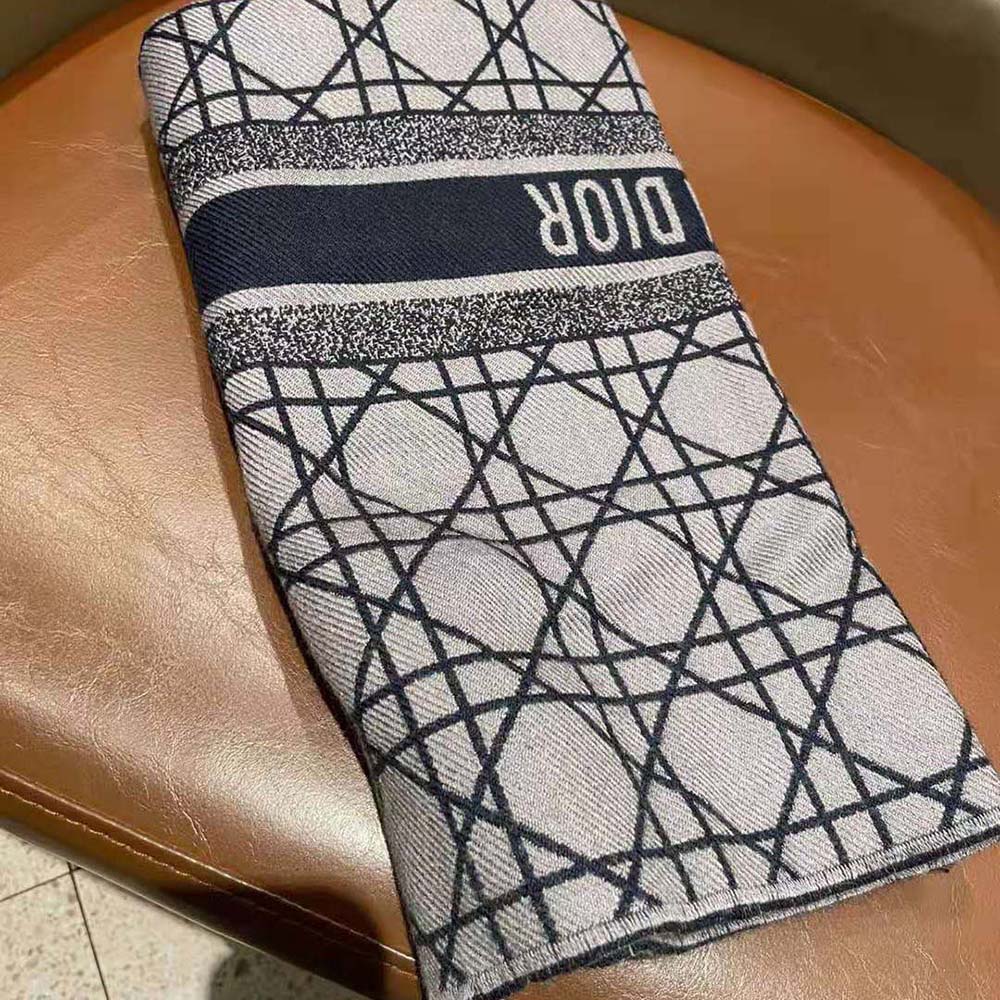 Dior Unisex Cannage Scarf Navy Blue and Gray Cashmere and Virgin Wool