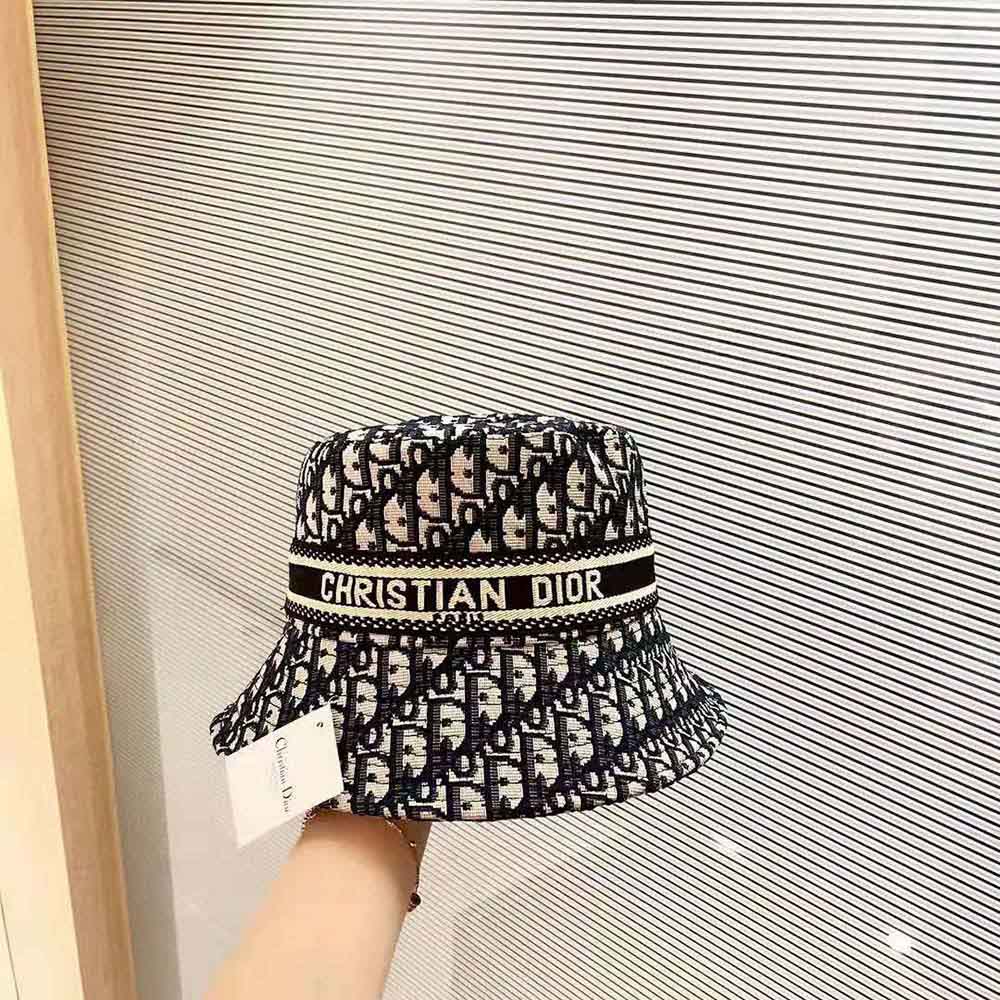 Dior Women D-Oblique Small Brim Bucket Hat Navy Blue Cotton