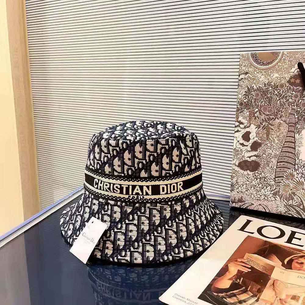 Dior Women D-Oblique Small Brim Bucket Hat Navy Blue Cotton