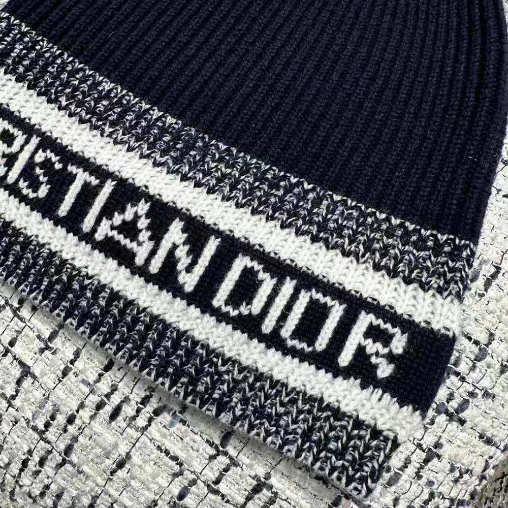 Dior Women D-White Beanie Black and Ivory Virgin Wool and Cashmere