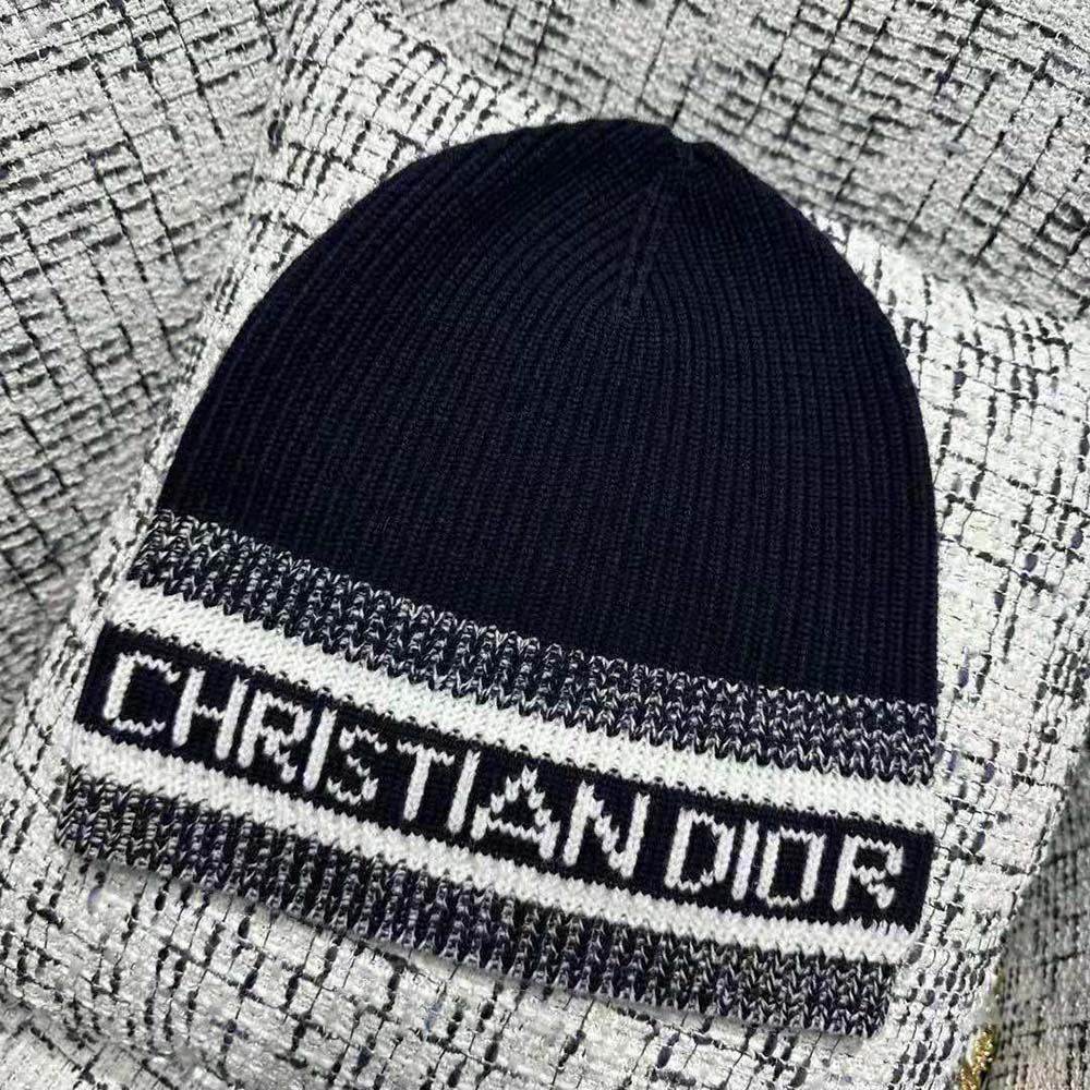 Dior Women D-White Beanie Black and Ivory Virgin Wool and Cashmere