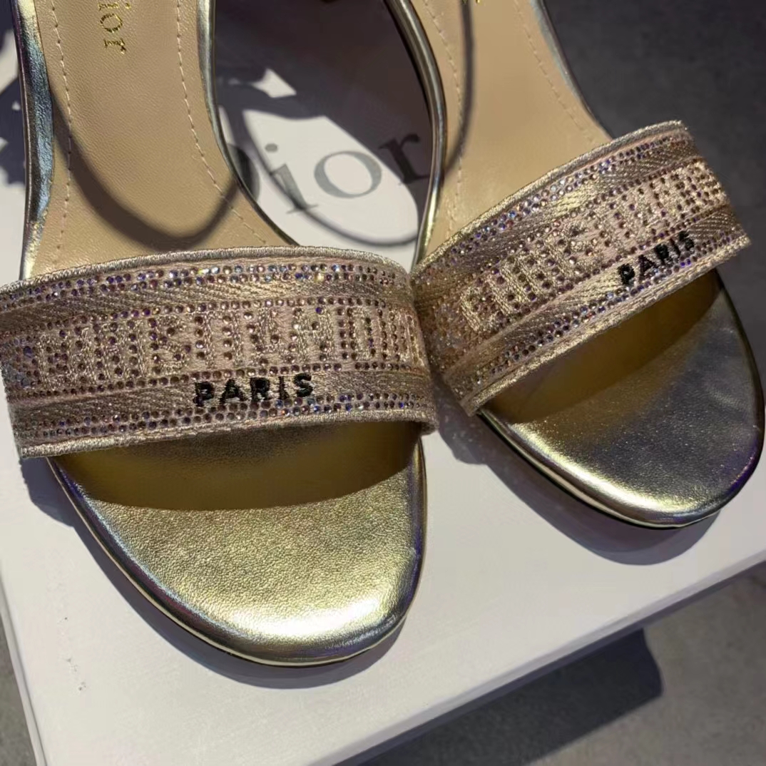 Dior Women Dway Heeled Sandal Rose Des Vents Cotton Embroidered Metallic Thread Strass