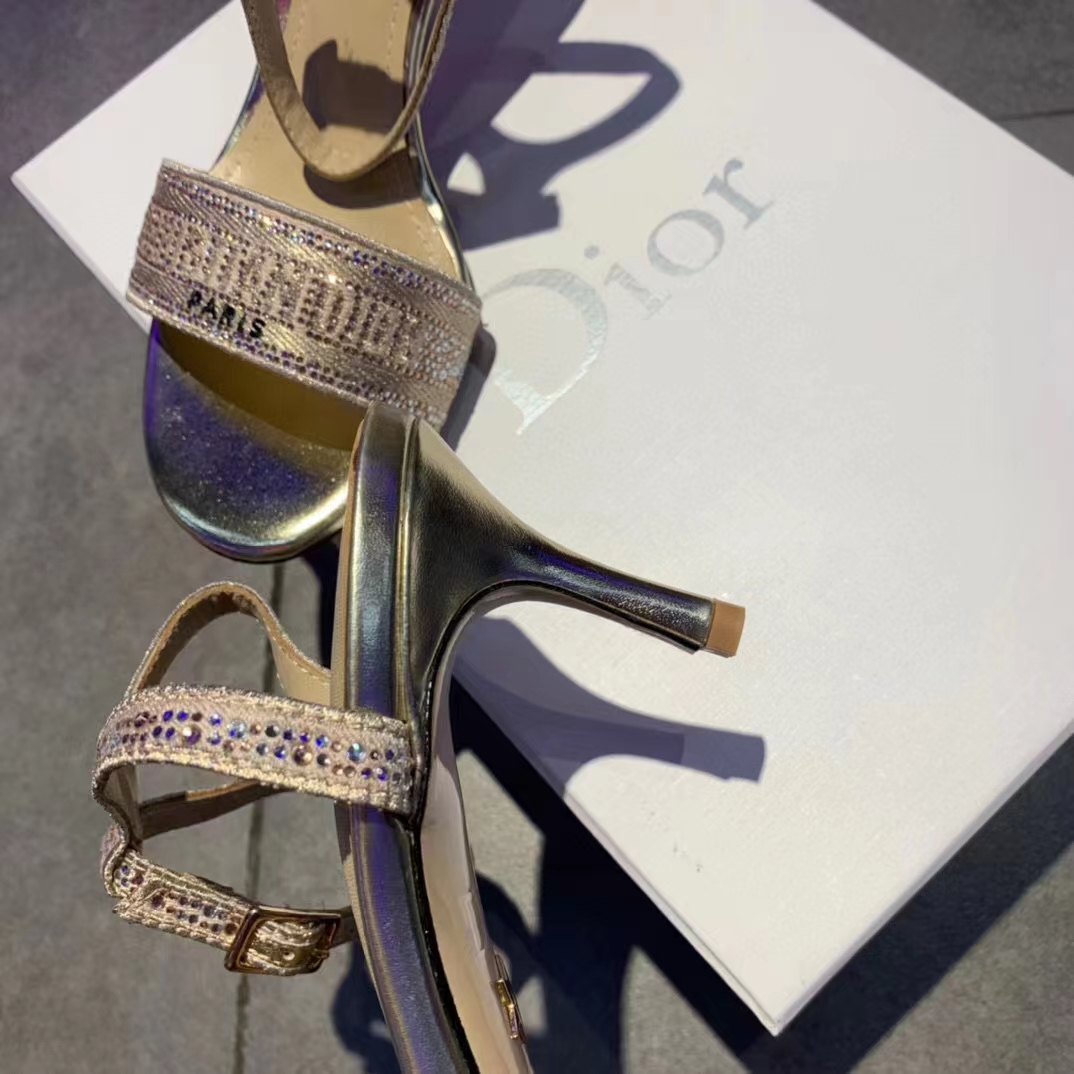 Dior Women Dway Heeled Sandal Rose Des Vents Cotton Embroidered Metallic Thread Strass