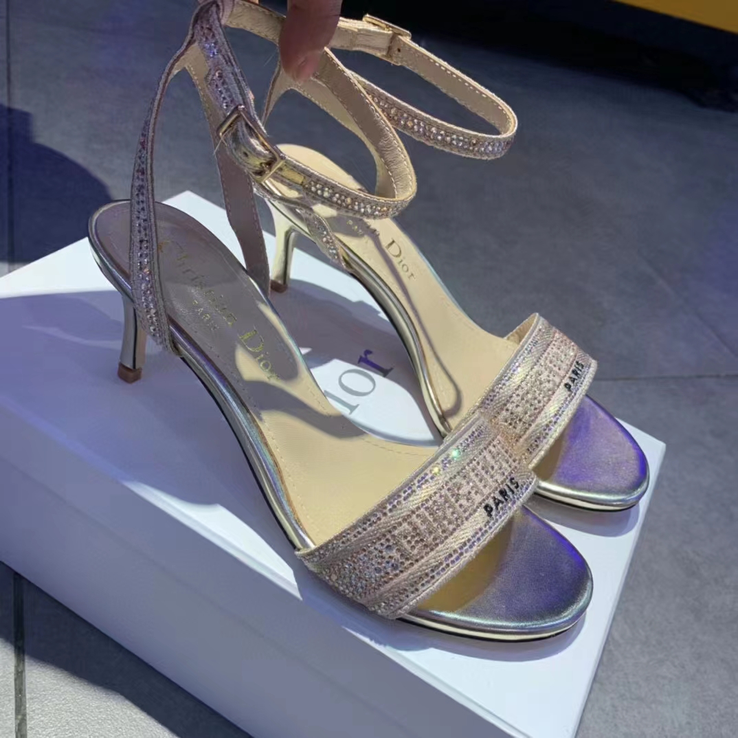 Dior Women Dway Heeled Sandal Rose Des Vents Cotton Embroidered Metallic Thread Strass