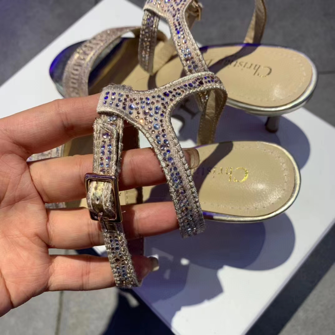 Dior Women Dway Heeled Sandal Rose Des Vents Cotton Embroidered Metallic Thread Strass