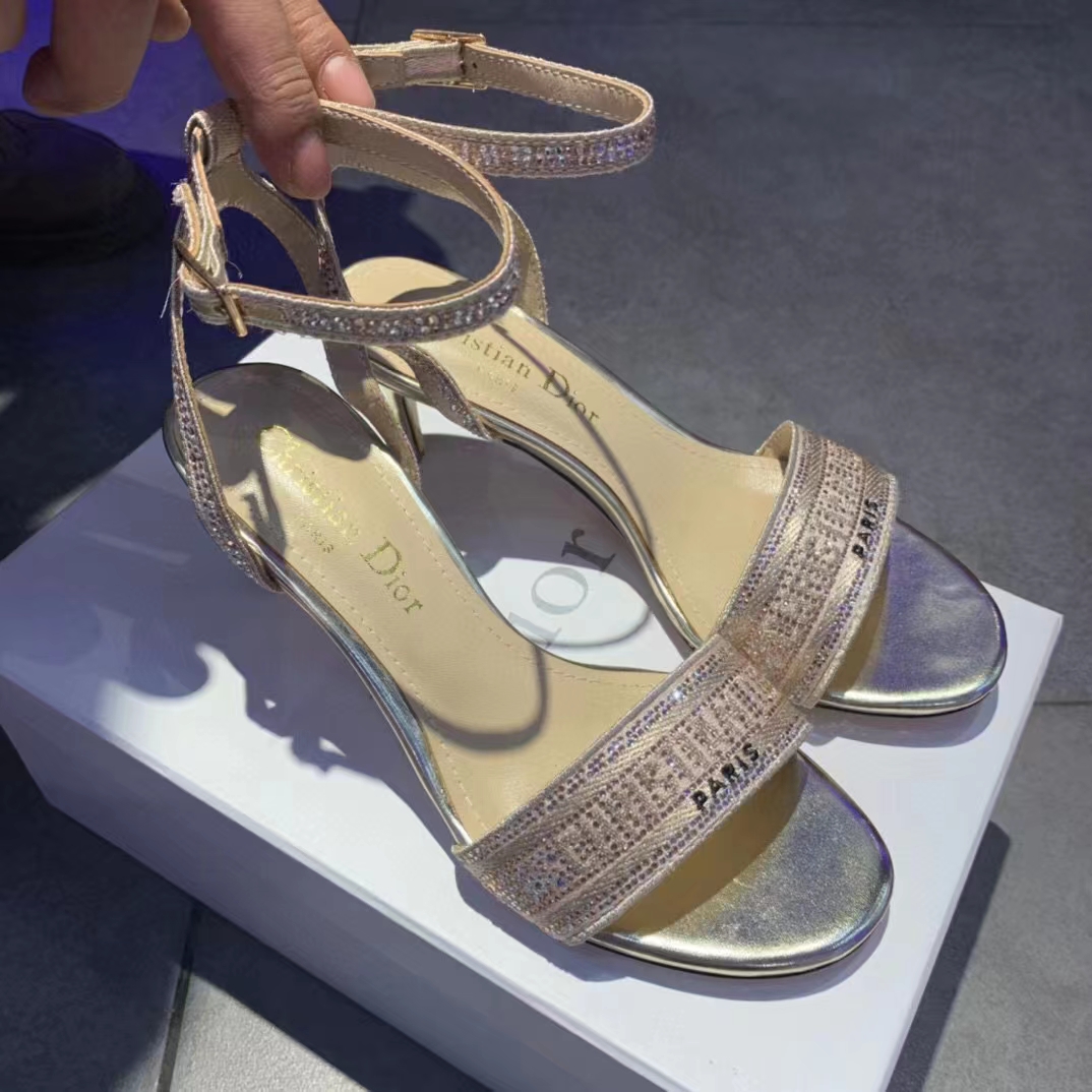 Dior Women Dway Heeled Sandal Rose Des Vents Cotton Embroidered Metallic Thread Strass