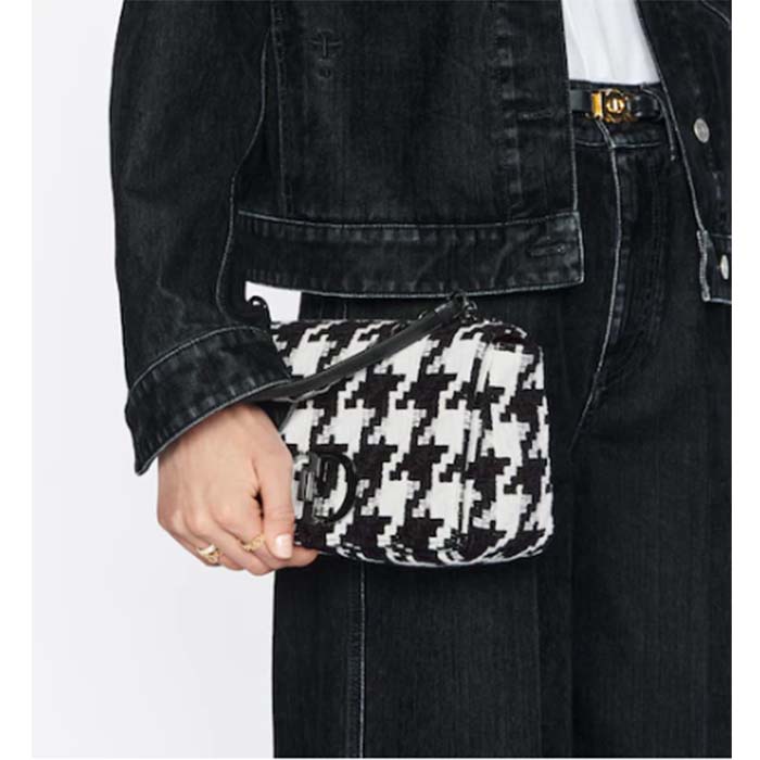 Dior Women Medium Dior Caro Bag Black White Macro Houndstooth Fabric