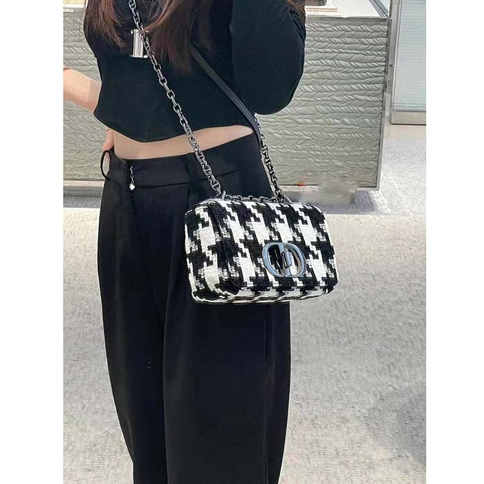 Dior Women Medium Dior Caro Bag Black White Macro Houndstooth Fabric
