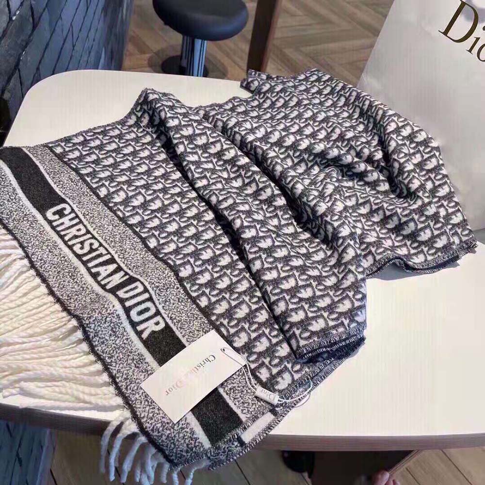 Dior Women Oblique Scarf Navy Blue Cashmere