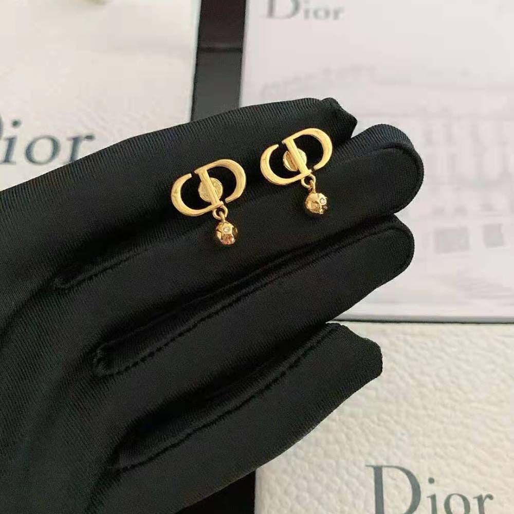 Dior Women Petit CD Earrings Gold-Finish Metal and White Crystals