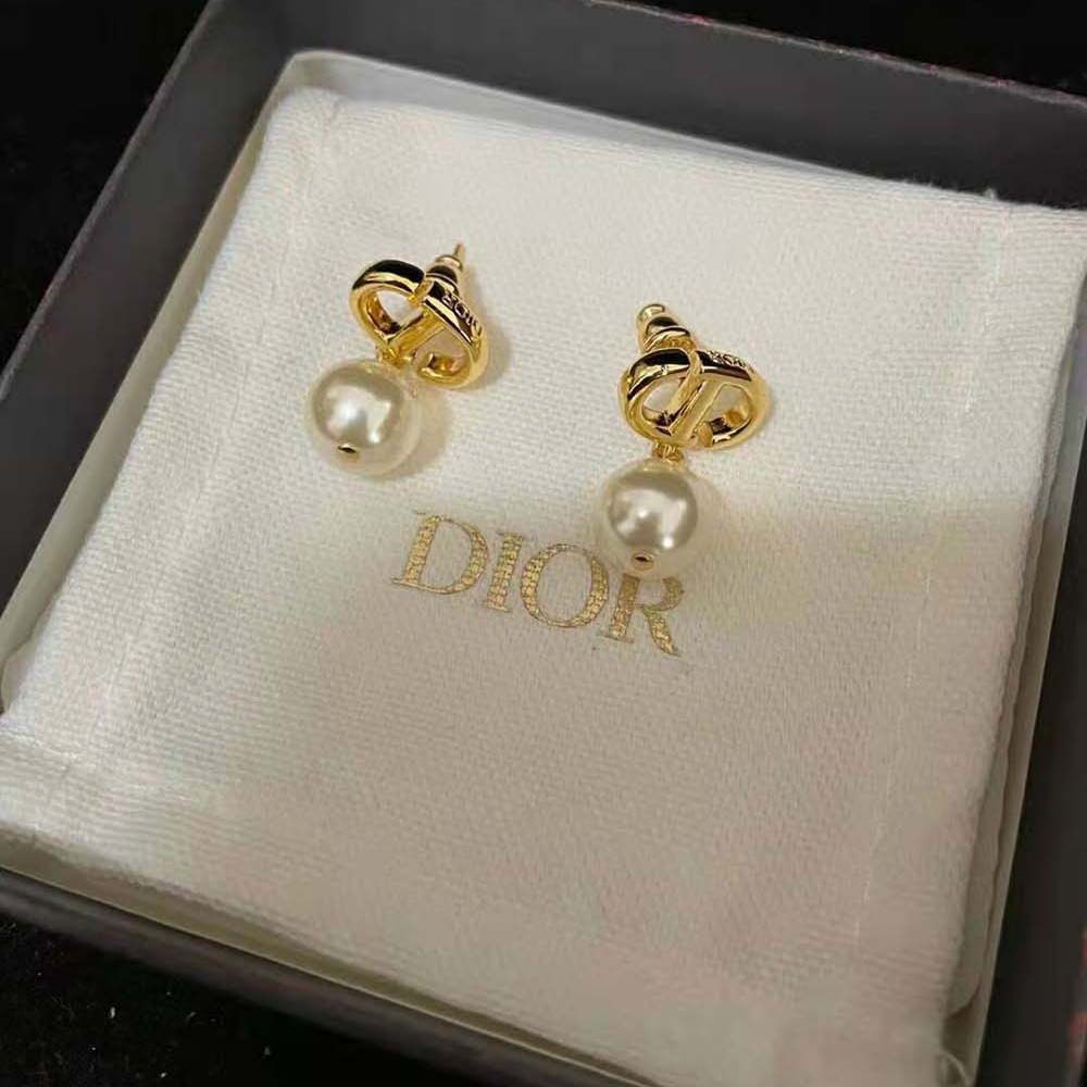 Dior Women Petit CD Earrings Gold-Finish Metal and White Resin Pearls