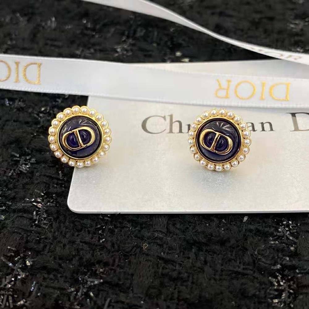 Dior Women Petit CD Studs Earrings Gold-Finish Metal and White Resin Pearls with Black Glass