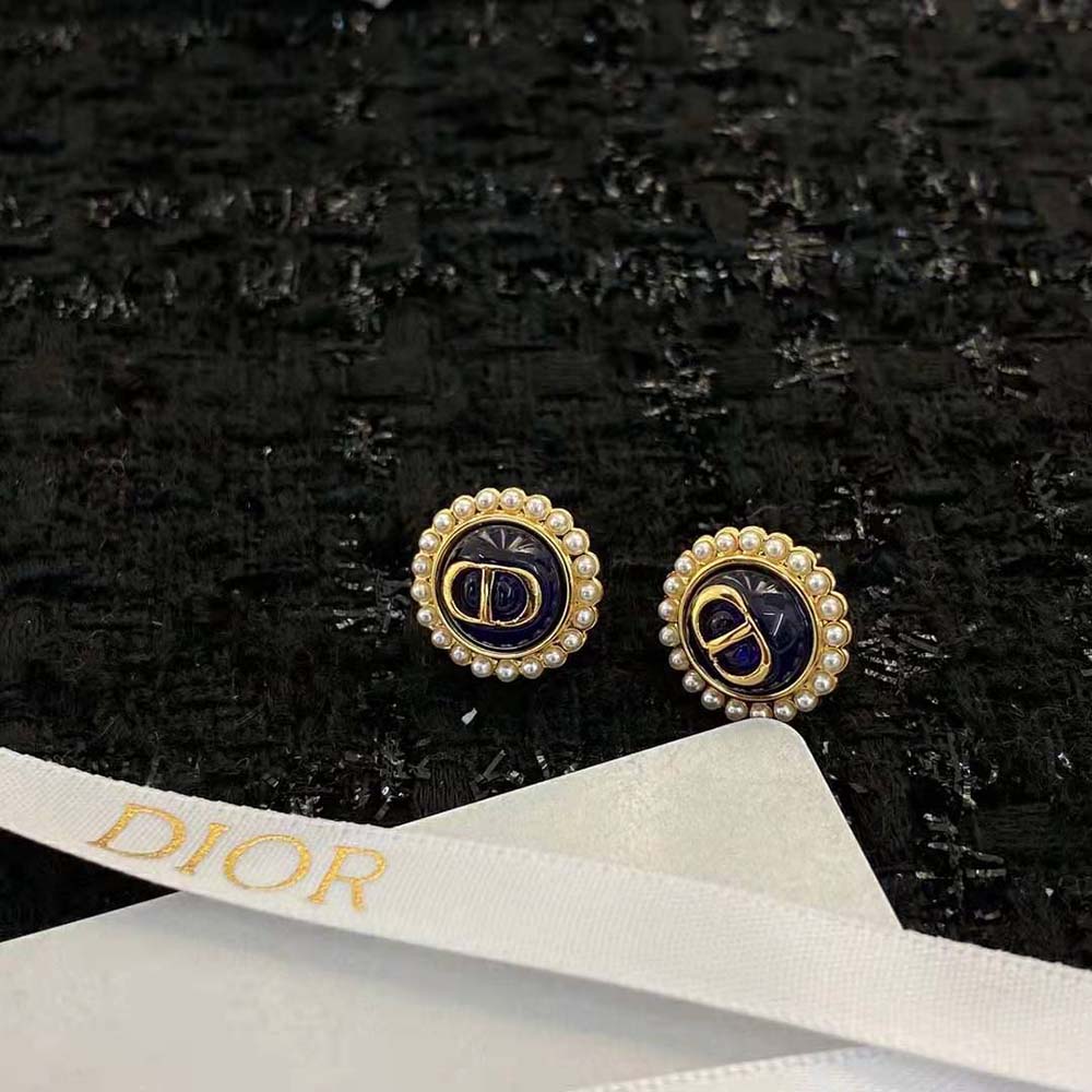 Dior Women Petit CD Studs Earrings Gold-Finish Metal and White Resin Pearls with Black Glass