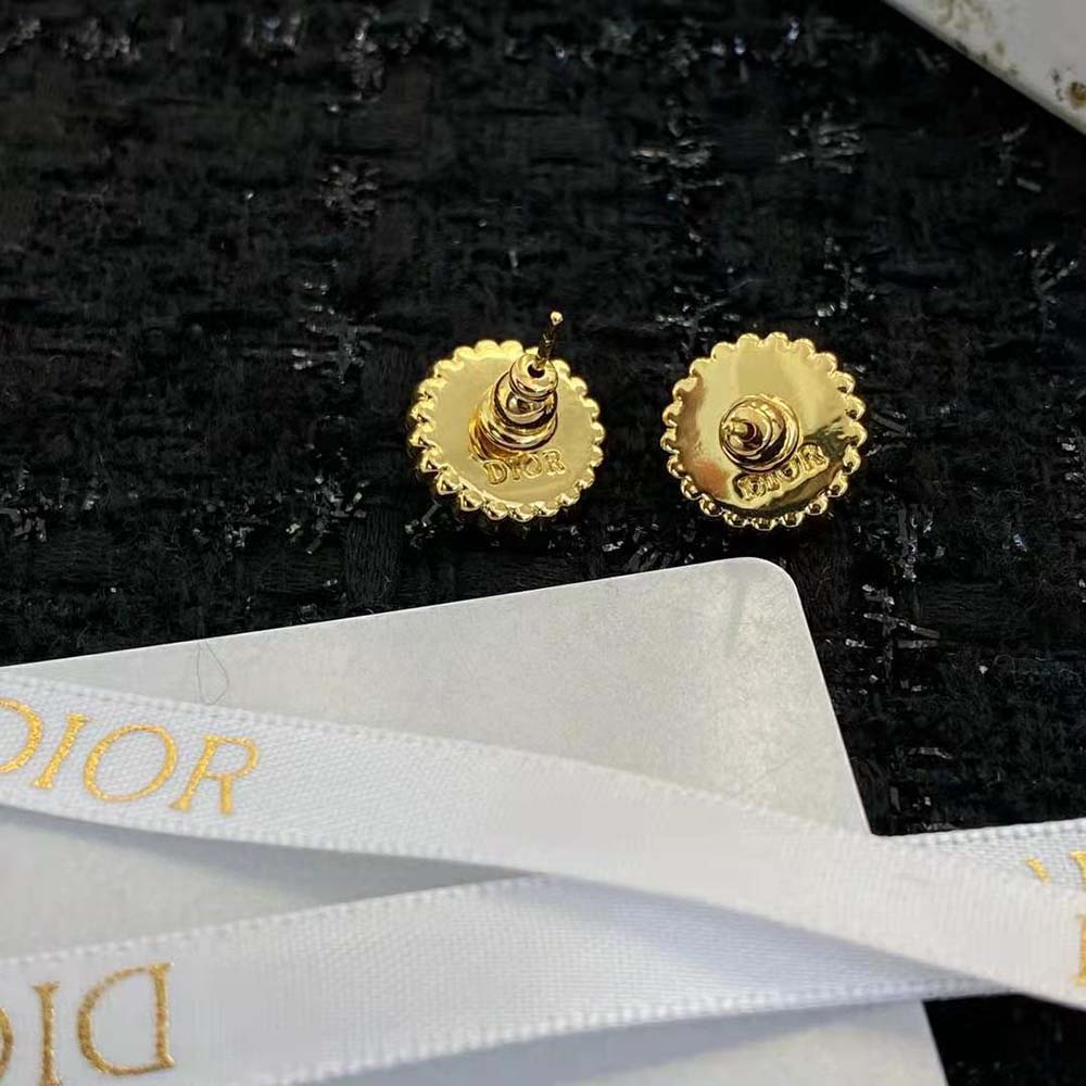 Dior Women Petit CD Studs Earrings Gold-Finish Metal and White Resin Pearls with Black Glass