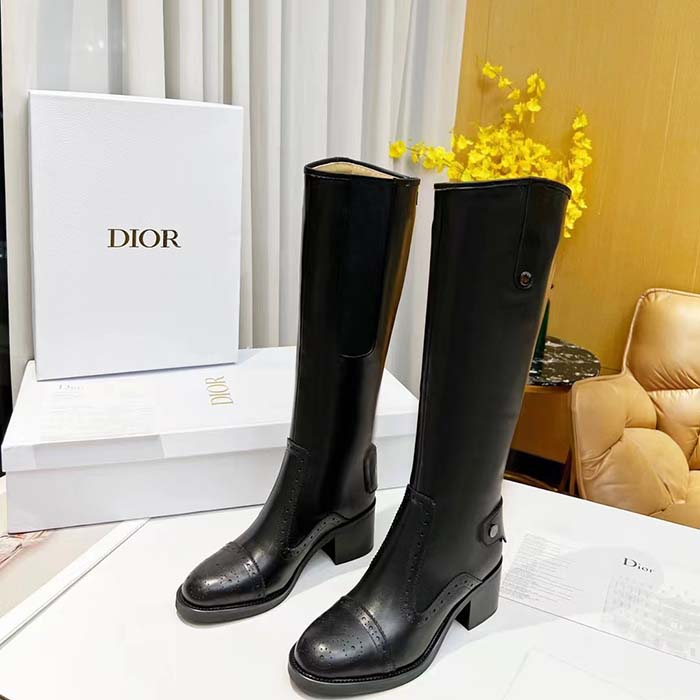 Dior Women Shoes CD D-Folk Heeled Boot Black Perforated Calfskin 4.5 Cm Heel