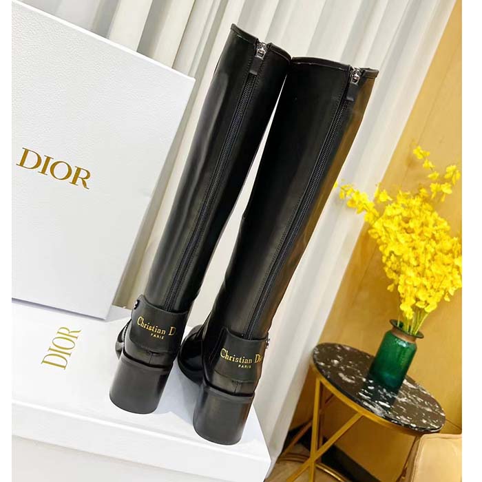 Dior Women Shoes CD D-Folk Heeled Boot Black Perforated Calfskin 4.5 Cm Heel