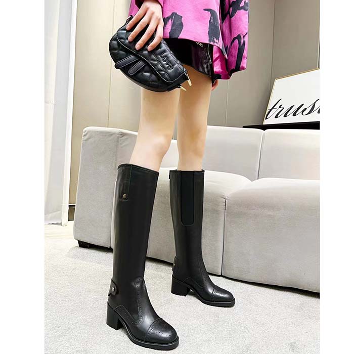 Dior Women Shoes CD D-Folk Heeled Boot Black Perforated Calfskin 4.5 Cm Heel