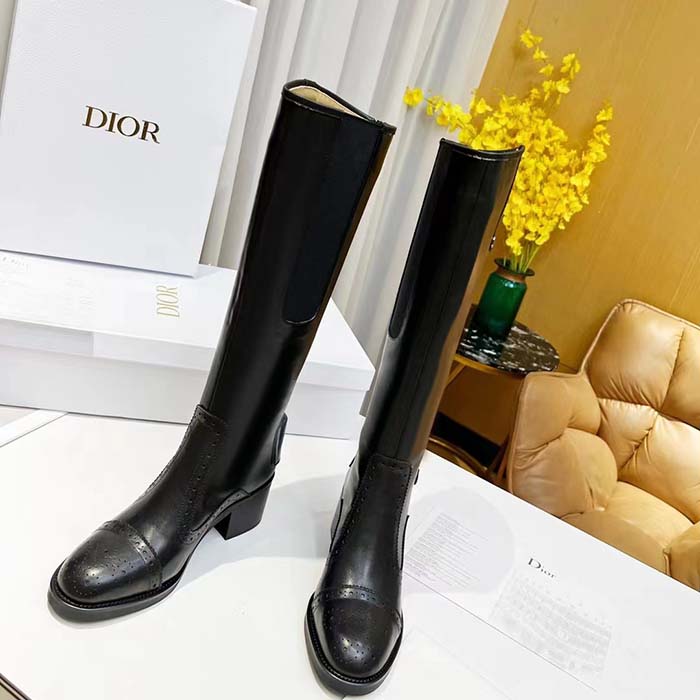 Dior Women Shoes CD D-Folk Heeled Boot Black Perforated Calfskin 4.5 Cm Heel