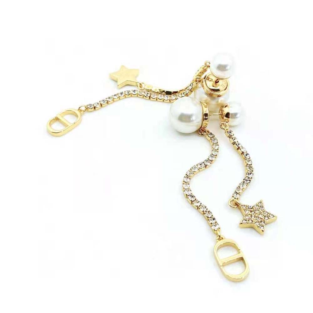 Dior Women Tribales Earrings Gold-Finish Metal White Resin Pearls and White Crystals