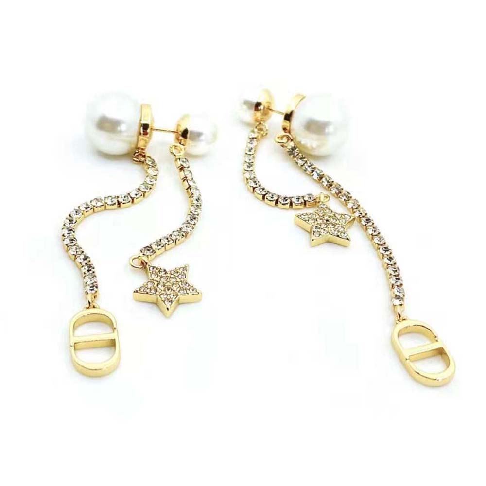 Dior Women Tribales Earrings Gold-Finish Metal White Resin Pearls and White Crystals