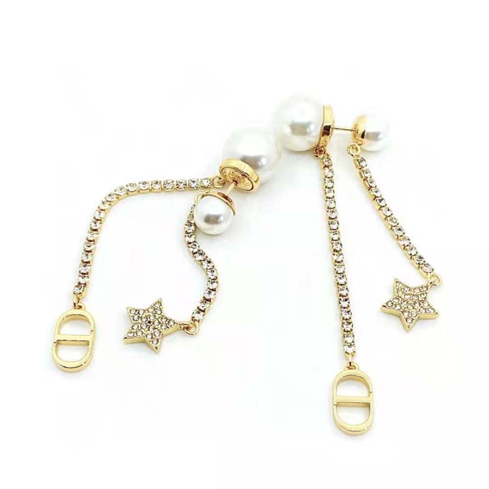 Dior Women Tribales Earrings Gold-Finish Metal White Resin Pearls and White Crystals