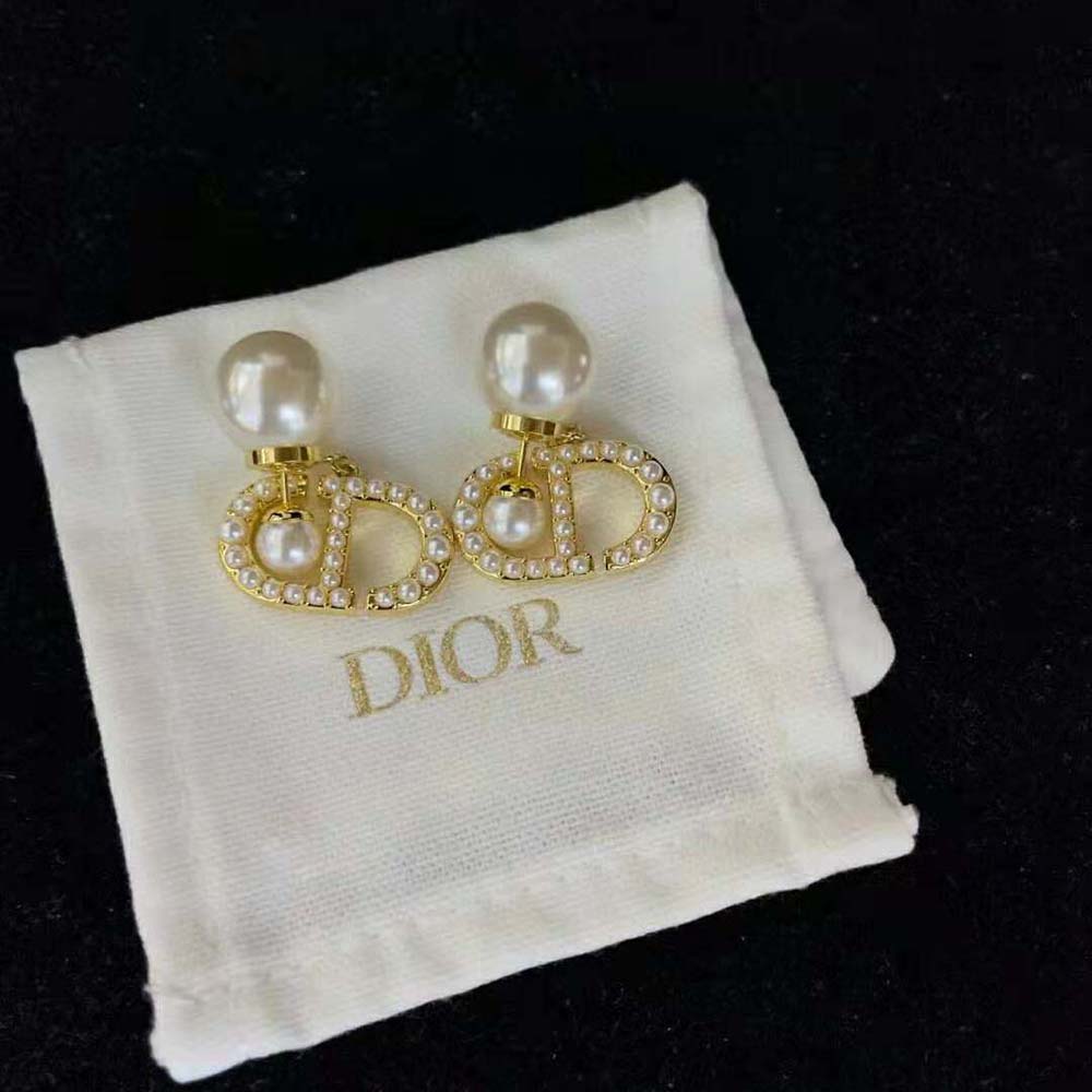 Dior Women Tribales Earrings Gold-Finish Metal and White Resin Pearls