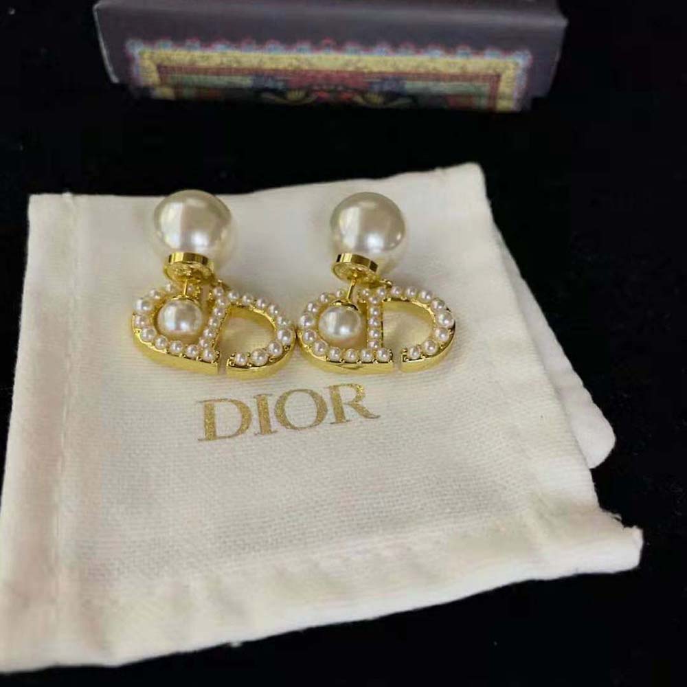 Dior Women Tribales Earrings Gold-Finish Metal and White Resin Pearls