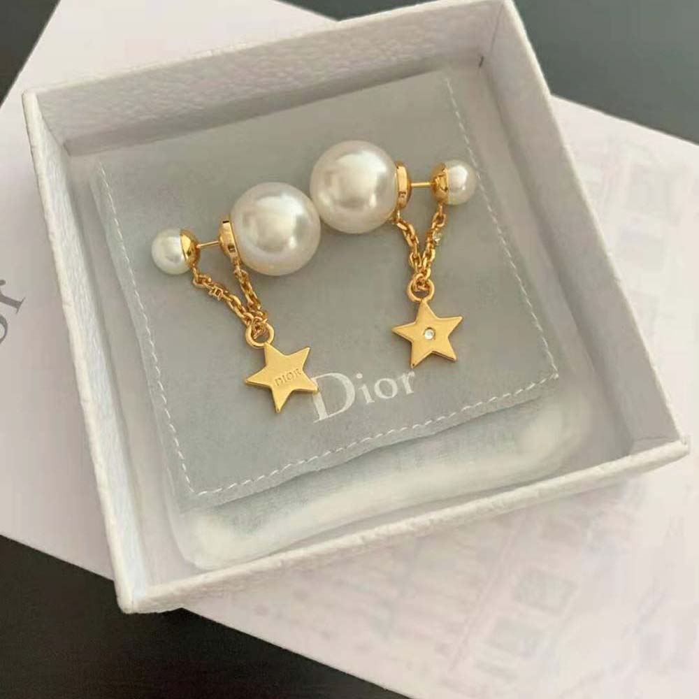 Dior Women Tribales Earrings Gold-Finish Metal with White Resin Pearls and White Crystals