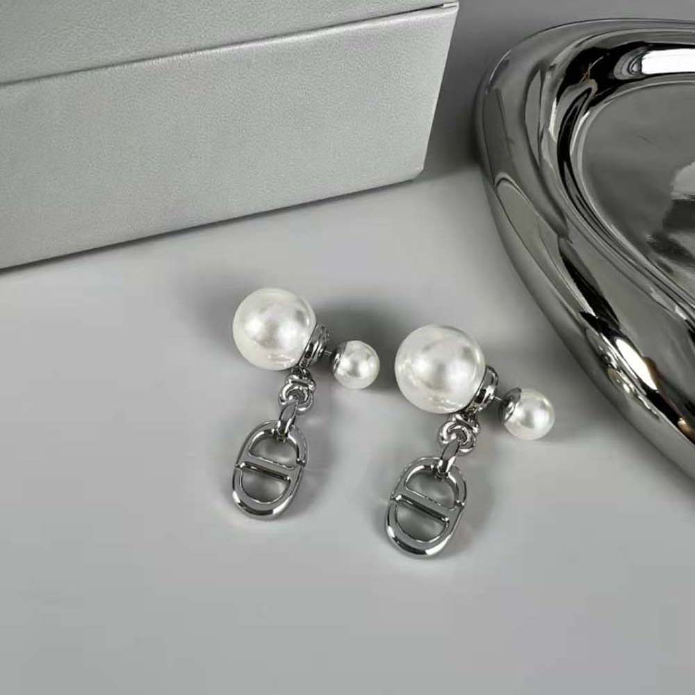 Dior Women Tribales Earrings Silver-Finish Metal with White Resin Pearls