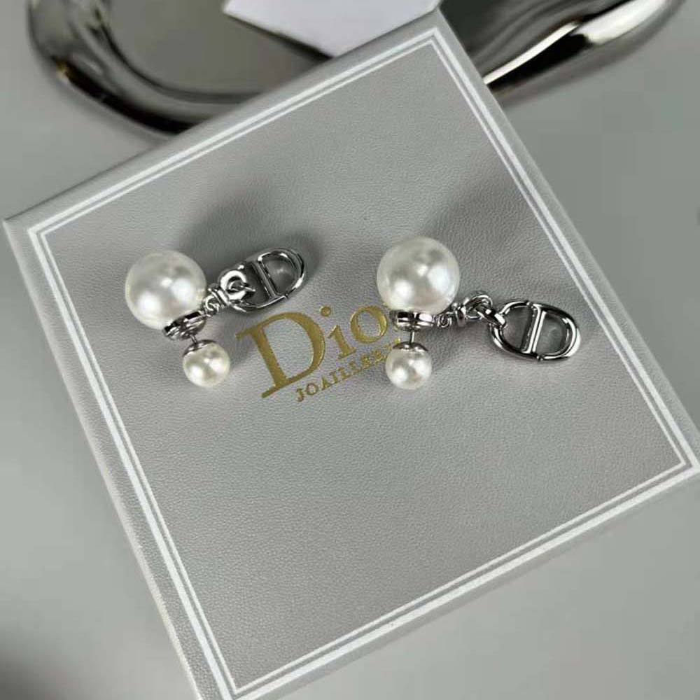 Dior Women Tribales Earrings Silver-Finish Metal with White Resin Pearls