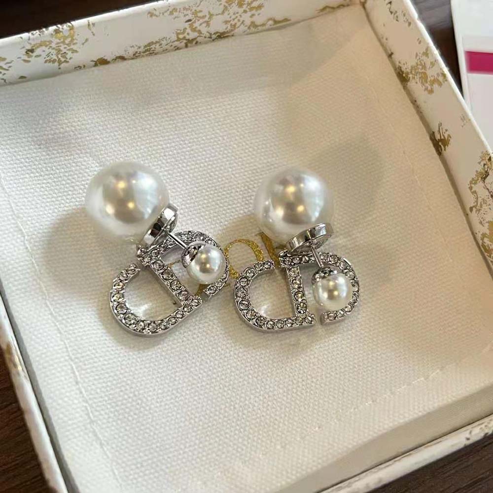 Dior Women Tribales Earrings Silver-Finish Metal with White Resin Pearls and Silver-Tone Crystals