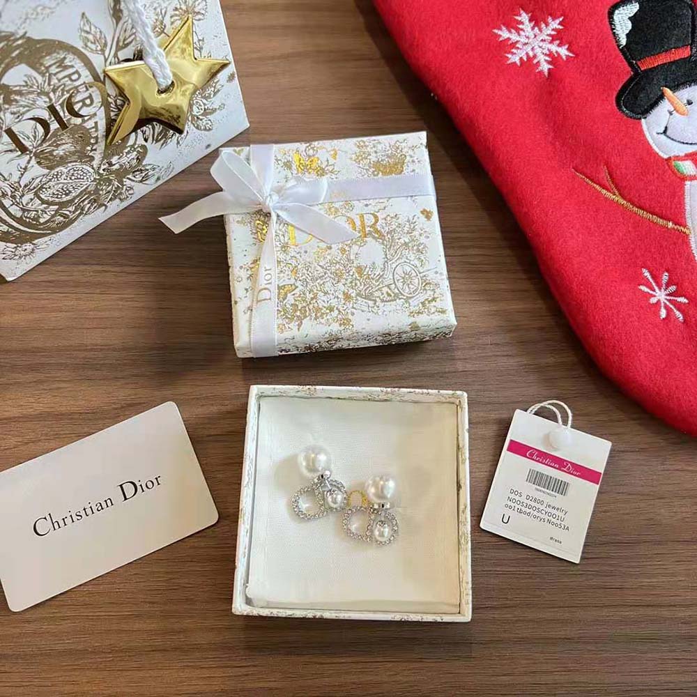 Dior Women Tribales Earrings Silver-Finish Metal with White Resin Pearls and Silver-Tone Crystals
